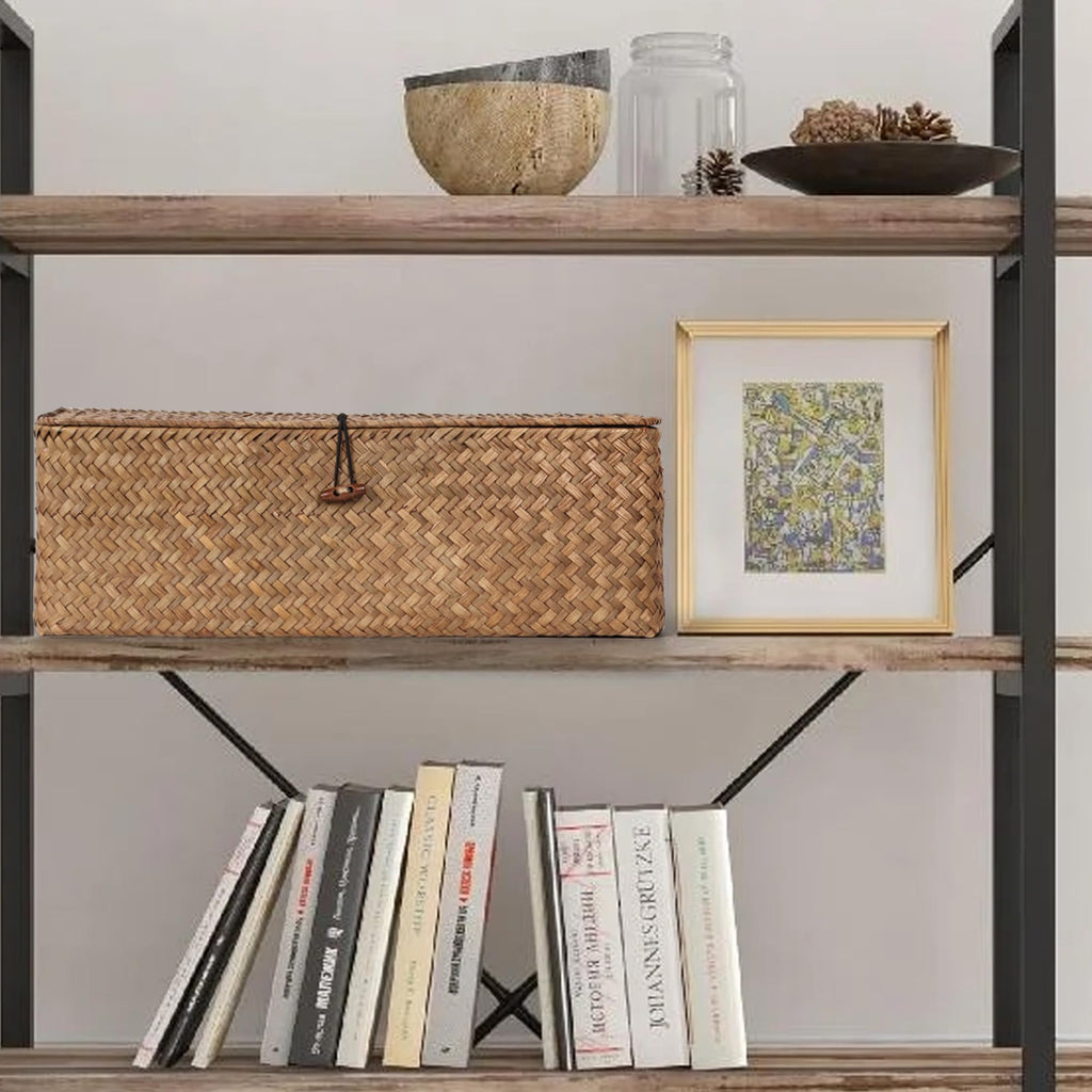 Wicker Shelf Baskets with Lid, Seagrass Storage Basket with Dividers Rectangular Woven Back of Toilet Baskets Boxes