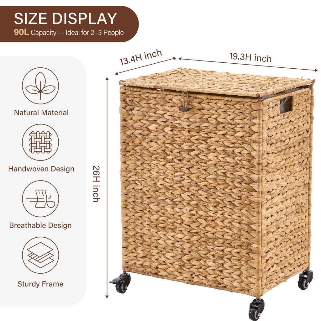 Hand-Woven Natural Water Hyacinth Laundry Basket with Wheels