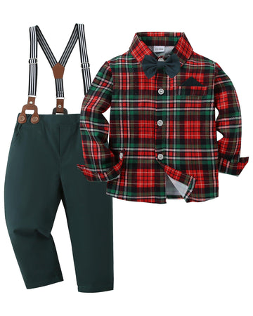 Toddler Boy Dress Clothes Short Sleeve Christmas Red Plaid Flower Dress Shirt Bow Tie Suspender Green Pants Toddler