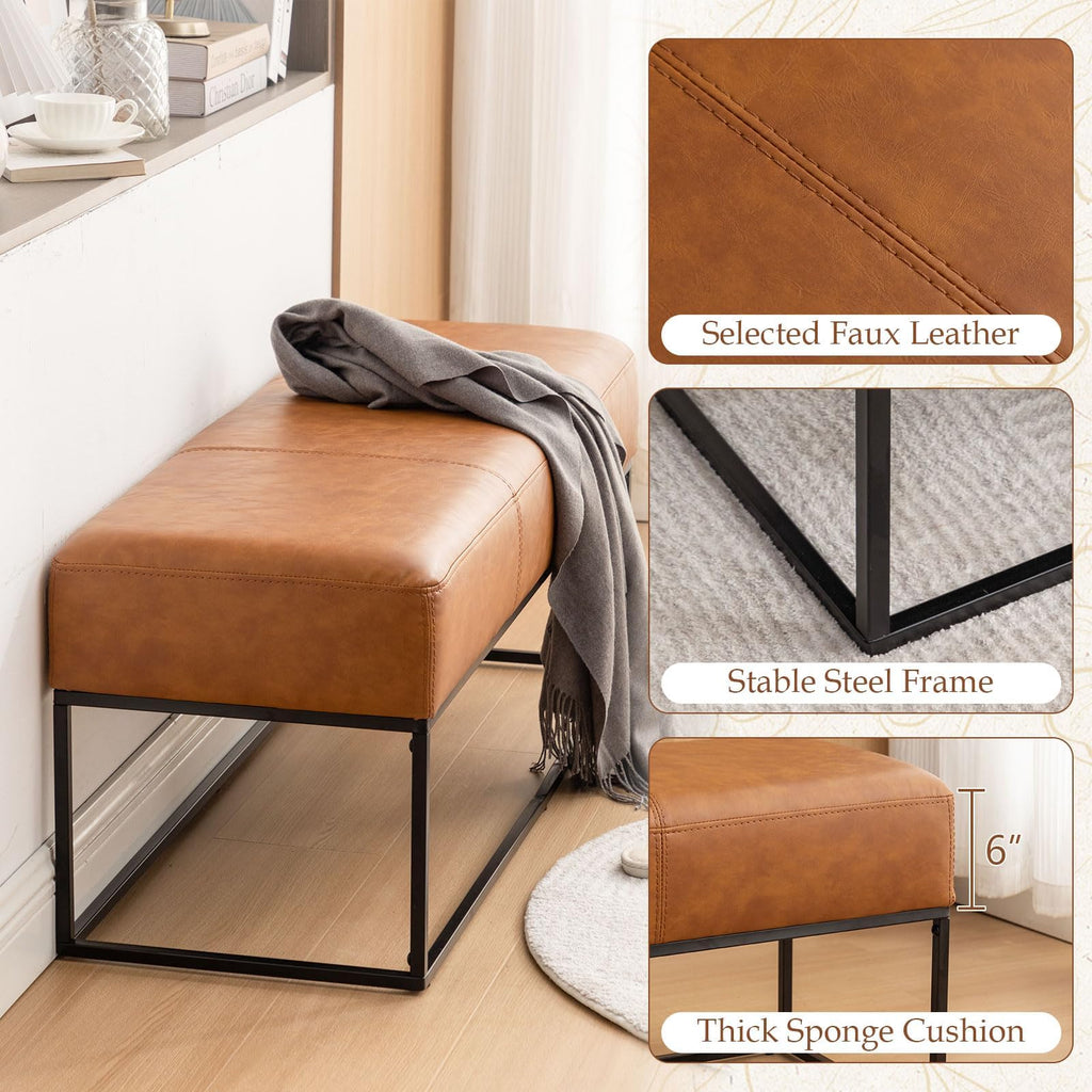 Leather Entryway Bench, Modern Long Faux Leather Ottoman Bench Seat with Metal Frame, 47'' Upholstered Bedroom Bench
