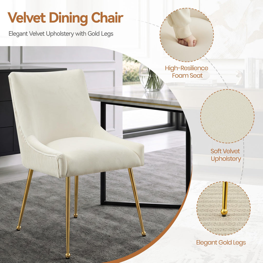 Velvet Dining Chairs Set of 4 Gold Legs, Upholstered Velvet Accent Chairs, Pleated Back Design & Gold Pull Handle, Mid