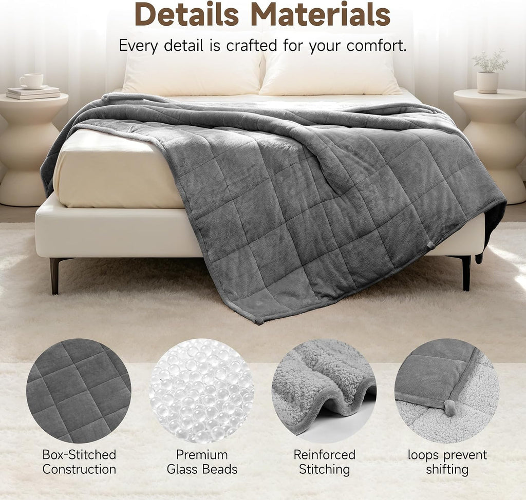 Weighted Blanket 15 lbs for Adults, Grey, Queen 60 x 80 Inches | Soft Warm Heavy Blanket, Glass Beads, Cozy