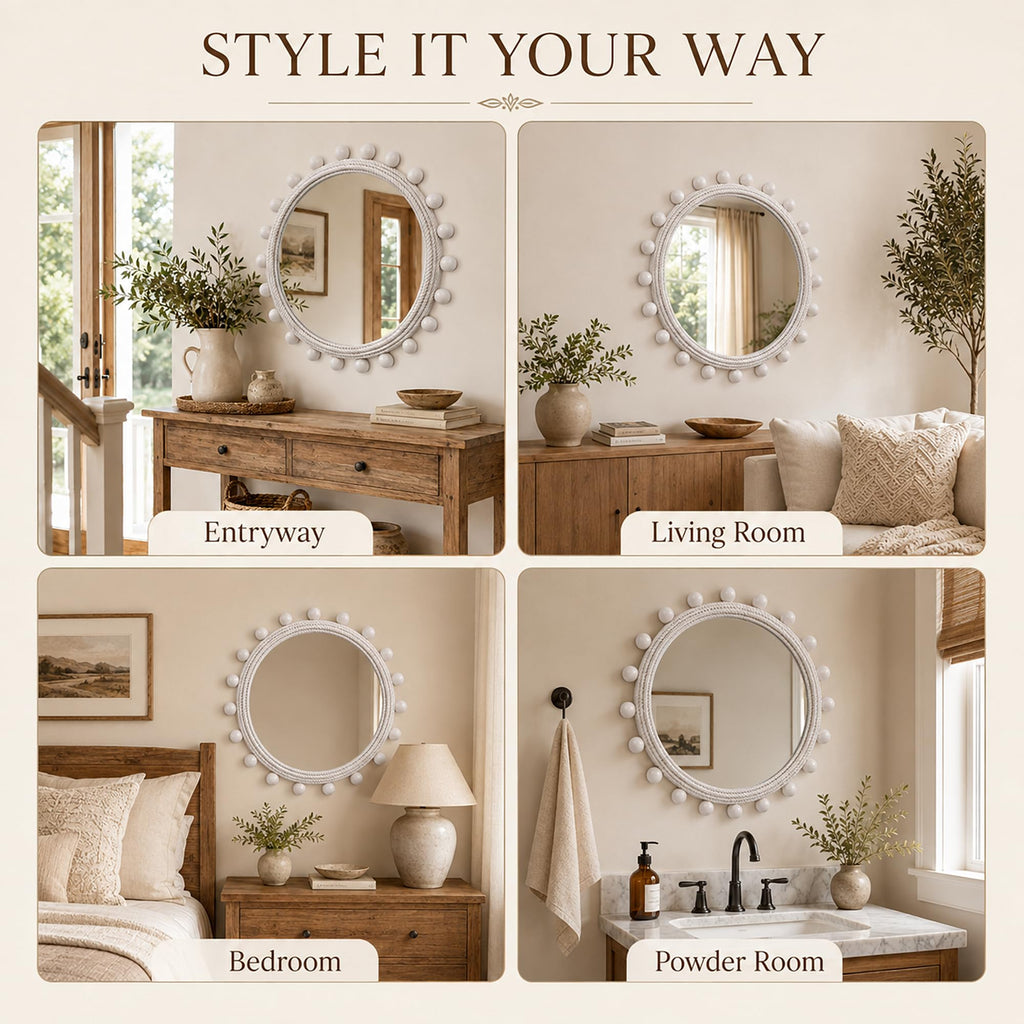 30" Round Rope Wall Mirror with 2 in Whitewashed Wood Beads
