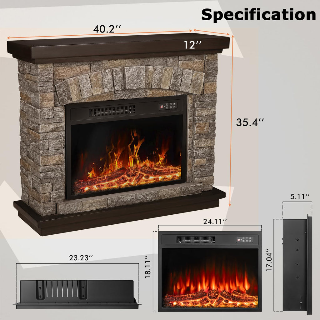Electric Fireplace with Mantel, Realistic Stone Finish Freestanding Heater TV Stand, 3D Log Flame Effect with Remote