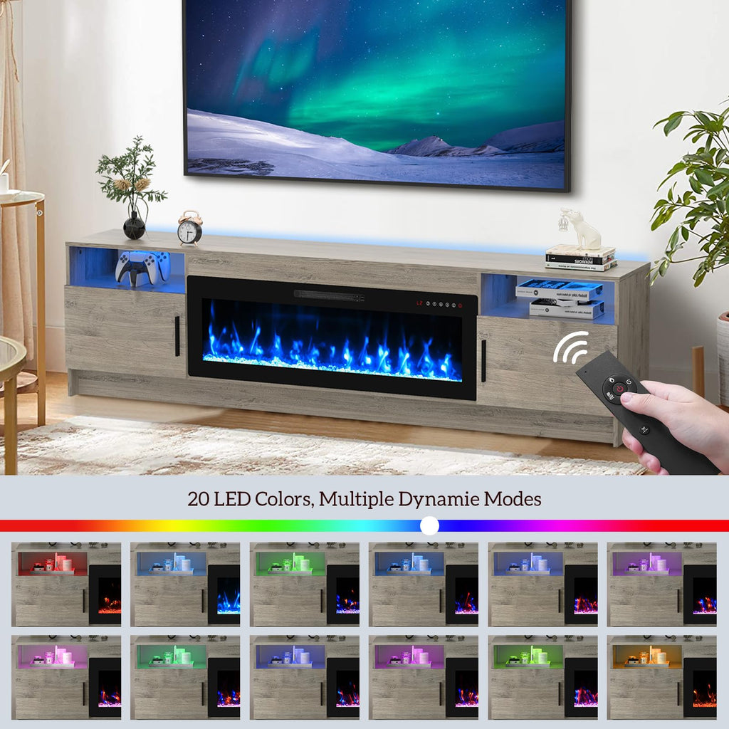Electric Fireplace TV Stand with 42 inch Fireplace Up to 90" TVs-Led Entertainment Center, High Glossy Doors-80 inch