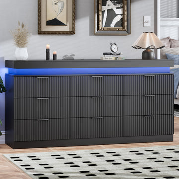 Fluted 9 Drawer Dresser with Charging Station, Black