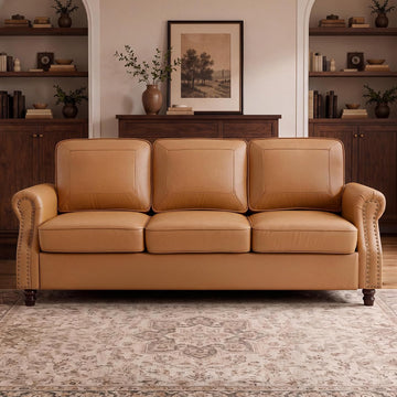 Kingfun Mid-Century Modern Couch, Faux Leather Sofa, 3 Seater Couch for Living Room with Rolled arms & Nailhead Trim