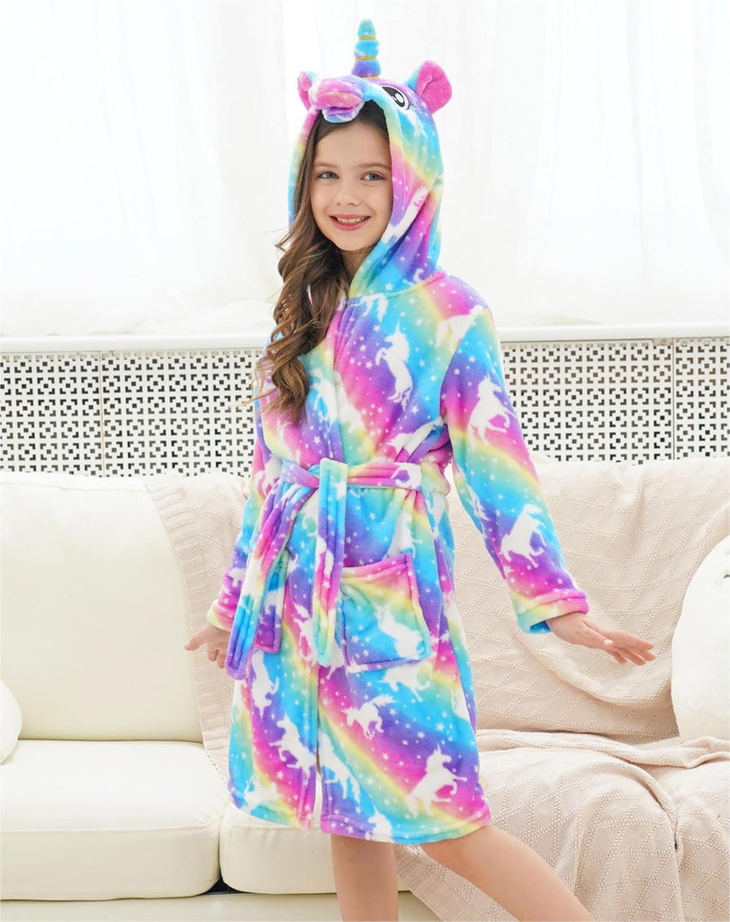 Girls Fleece Hooded Robe Toddler Warm Fuzzy Bathrobe