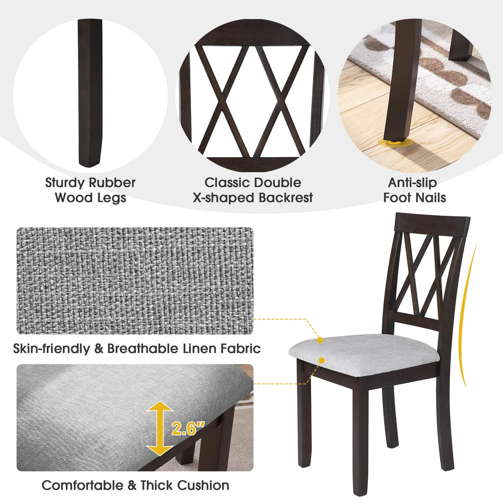 5-Piece Wood Drop Leaf Dining Table Set with 4 X-Back Chairs, Space-Saving Breakfast Nook Dining Set, Espresso + Grey