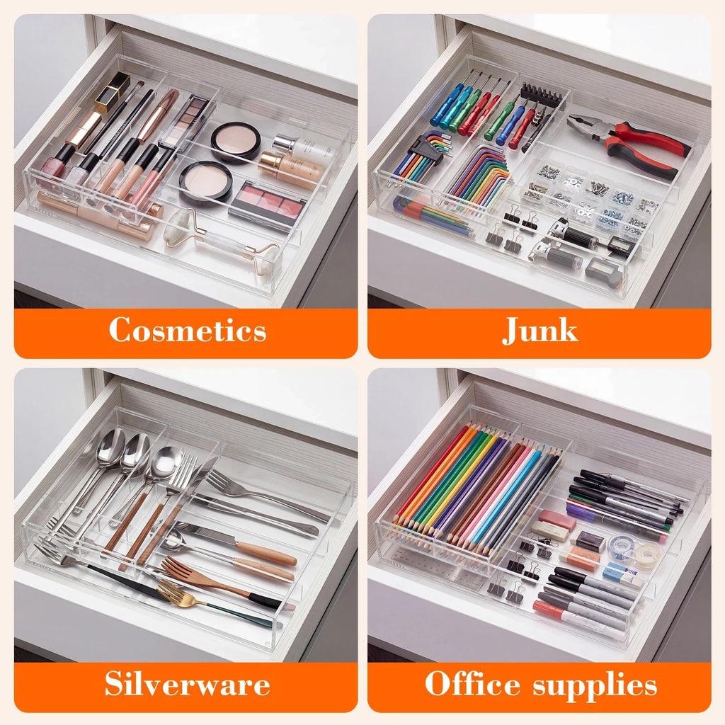 2 Layer Acrylic Deep Kitchen Utensil Drawer Organizer for Flatware Utensils