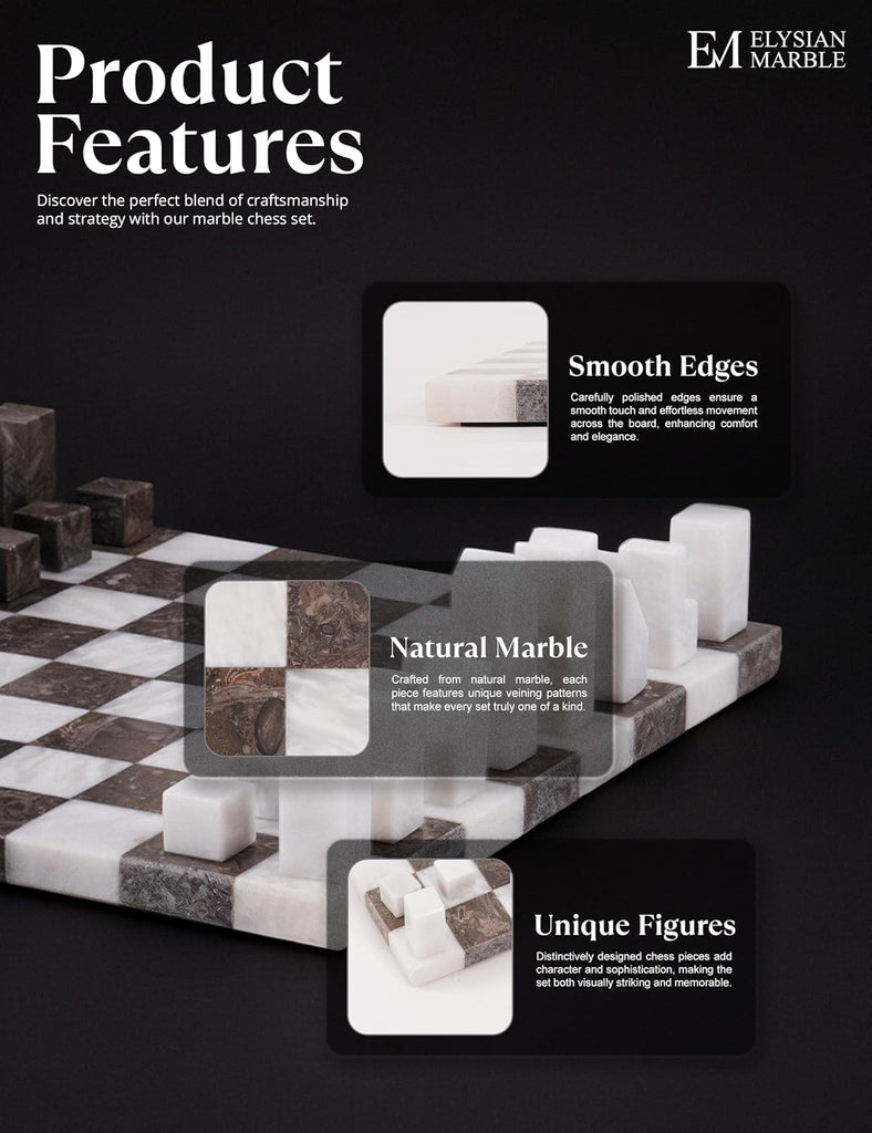 Modern Chess Set - Handcrafted Borderless Marble Chess Board with Minimalist Geometric Pieces, Luxury Decorative