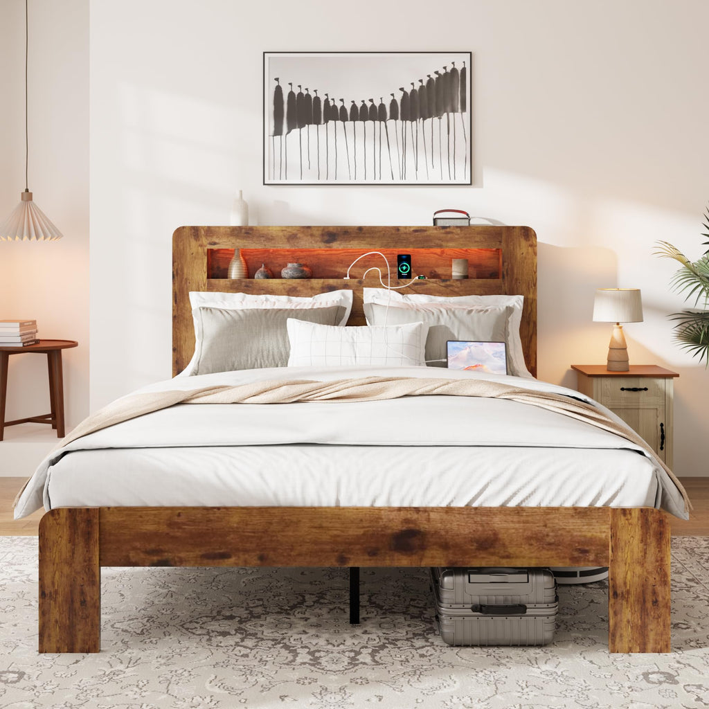 Wooden Bed Frame with Storage Headboard, Farmhouse Platform Bedframe with Bookcase Shelf & Led Lights