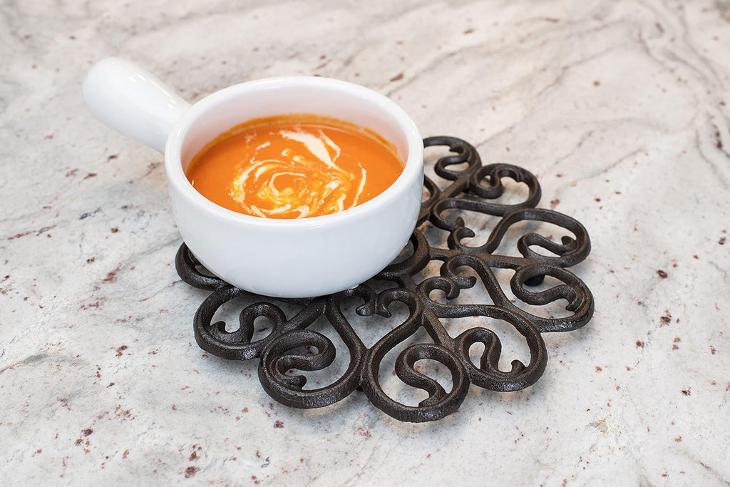 Cast Iron Trivet for Hot Dishes, Pots, and Pans, Metal Trivet, Victorian Design, Rubber Feet Caps, Ring Hanger, 8