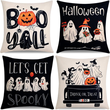 Ghost Halloween Decor-Throw Pillow Covers 20x20 in,Spooky Gothic Linen Pillow Case for Couch Fall Christmas - Set of 4