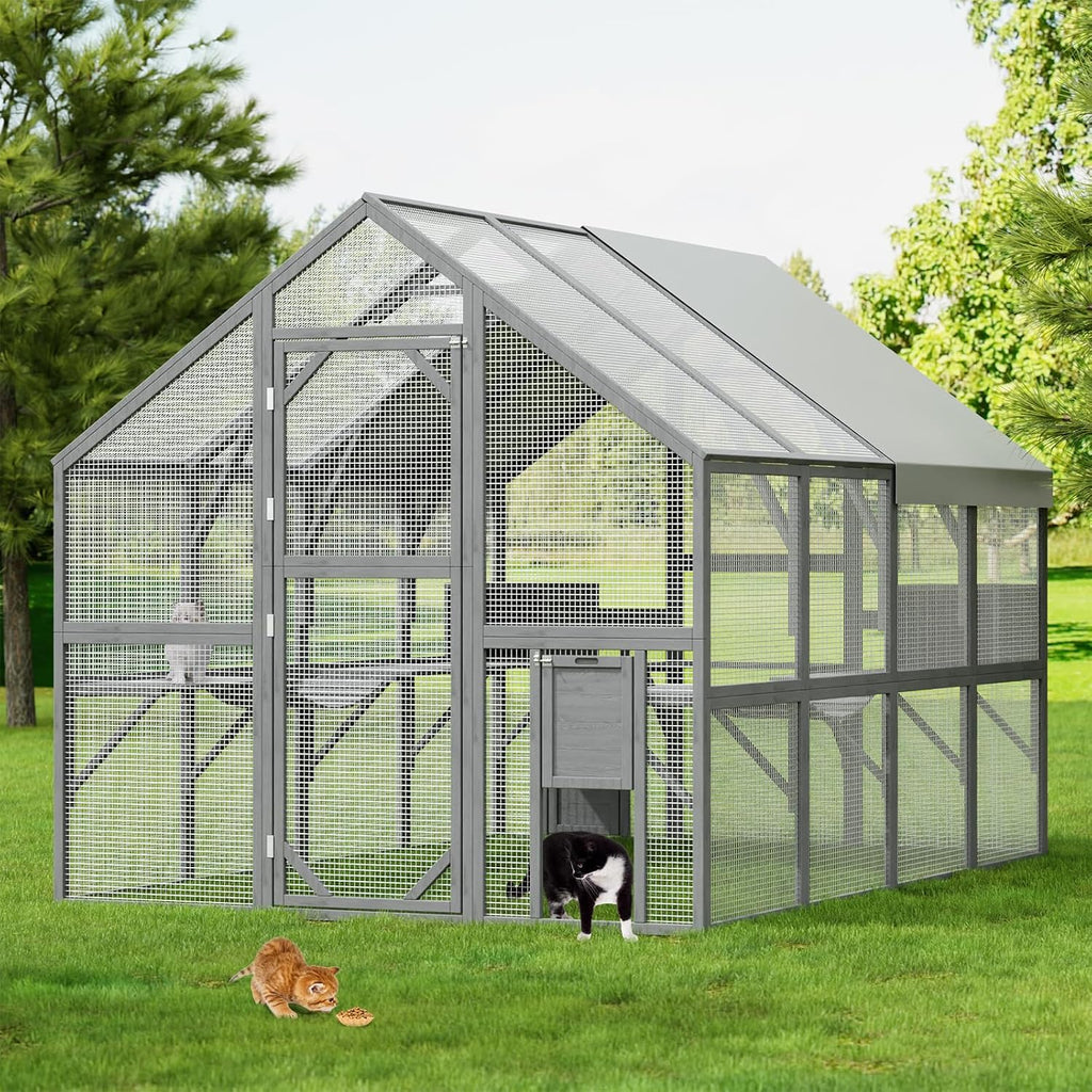Large Wooden Outdoor Cat House, 57.2ft2 Cat Run Enclosure Walk in Catio Kitten Condo with 2 Doors, 2 Playpen & Hiding