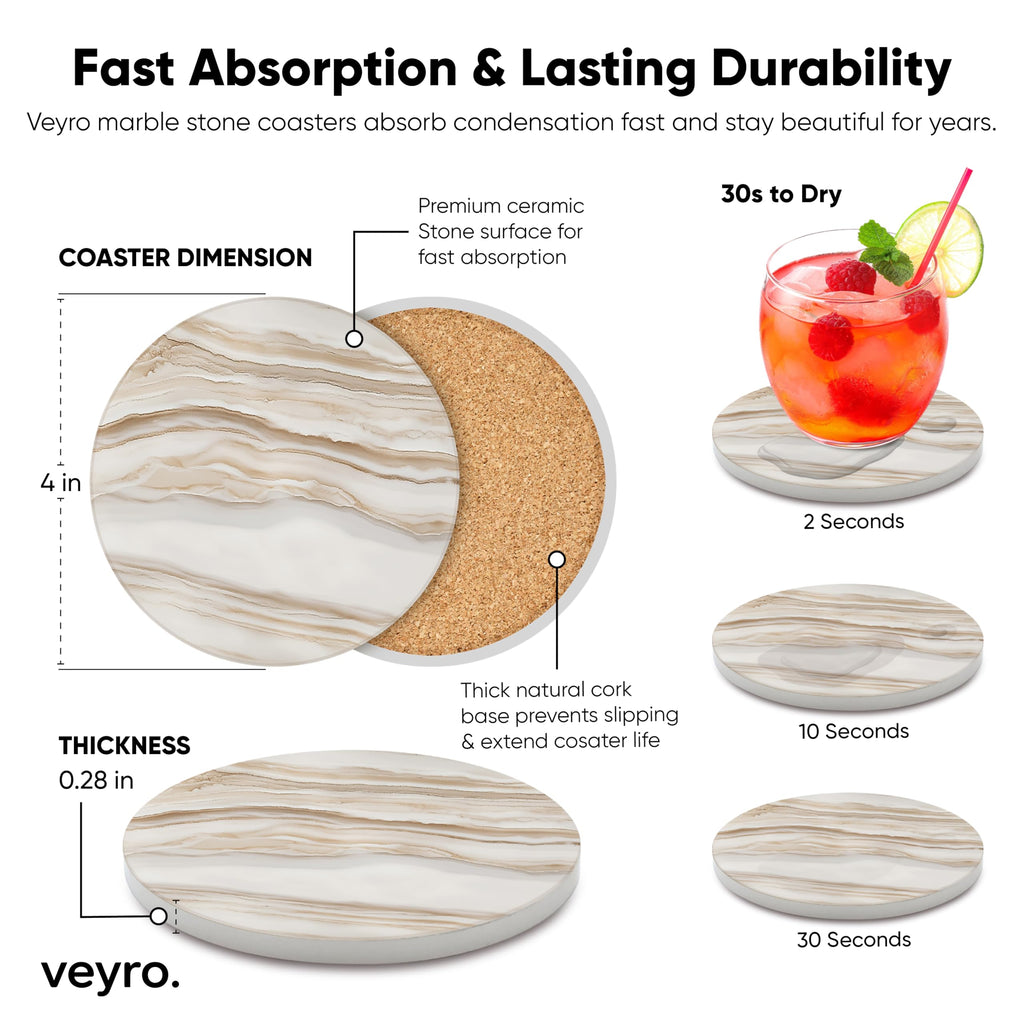 Absorbent Marble Look Ceramic Drink Coasters Set of 6 with Holder