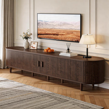 90" Mid Century Modern TV Stand with Power Outlet, Fluted Entertainment Center with Storage and Adjustable Shelves