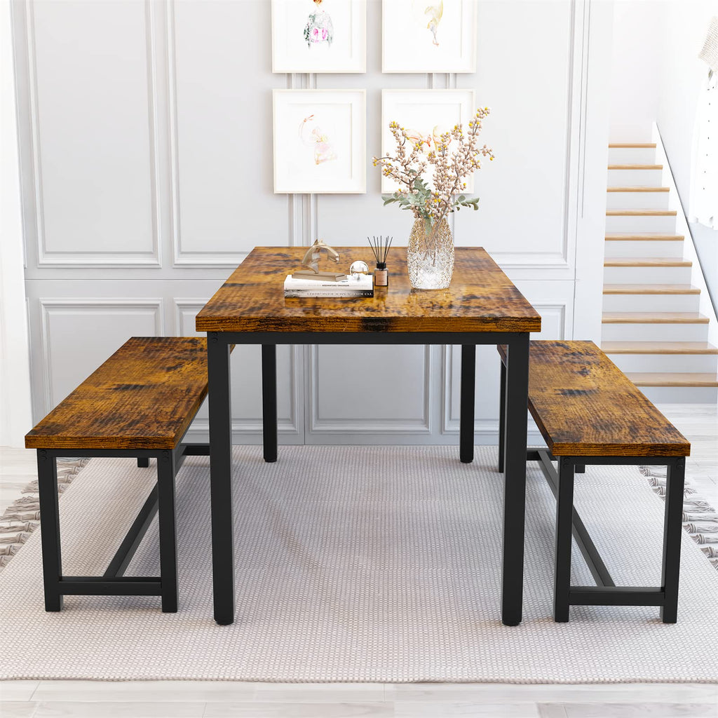 Dining Table Set for 4, Kitchen Table and Chairs for 4, Faux Marble Dining Room Table with 2 Benches, Space Saving