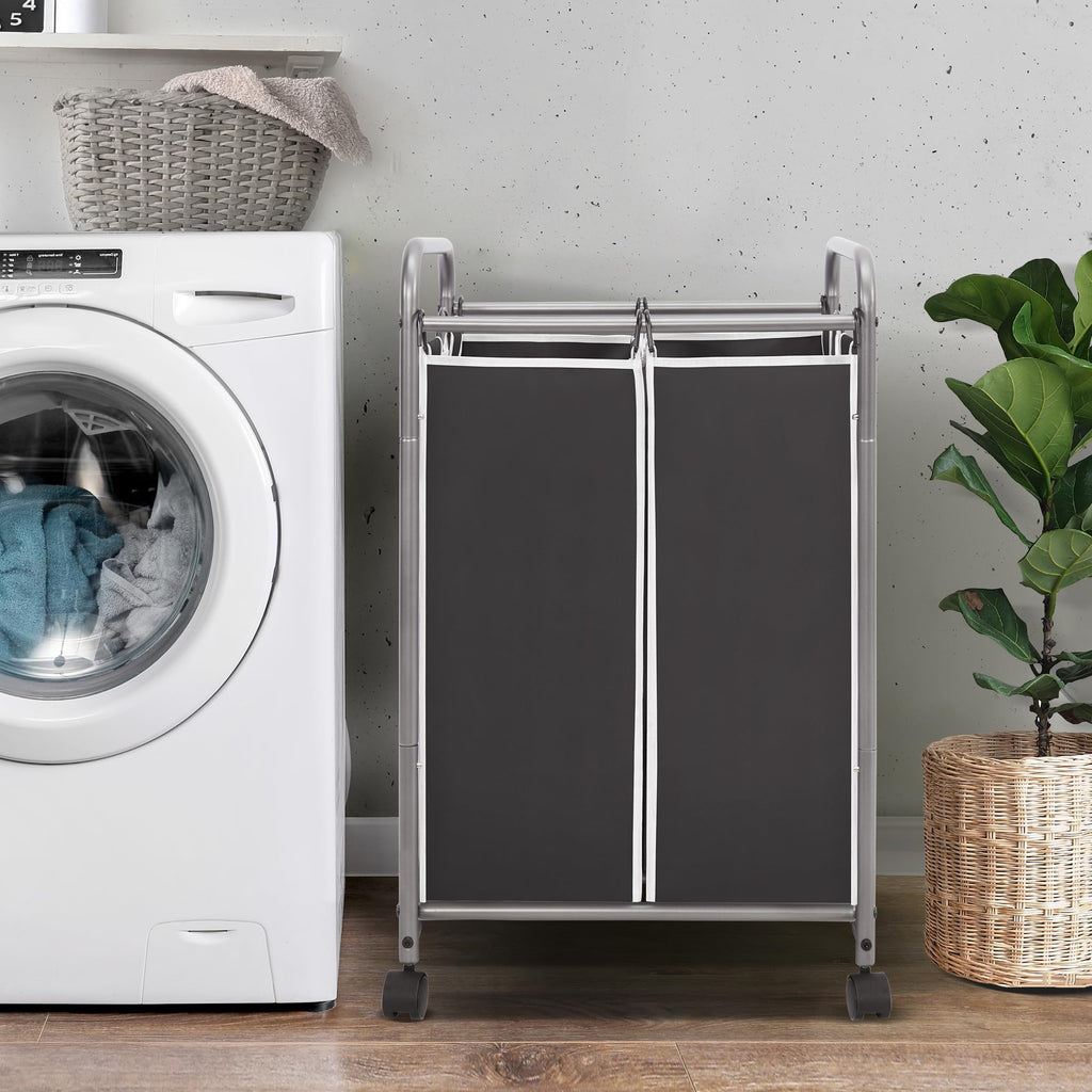 2 Section Laundry Sorter, Laundry Hamper with Wheels, Black