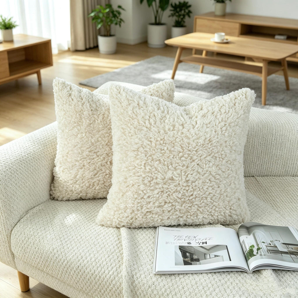 Light Beige Faux Fur Decorative Pillow Covers 20x20 Soft Fluffy Sherpa Boucle Throw Pillows Teddy Bear Textured