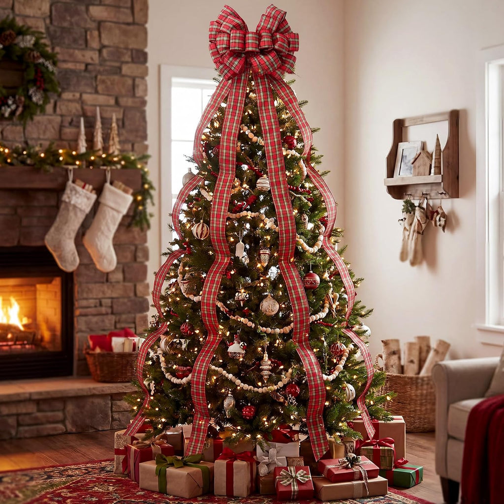 Large Christmas Tree Topper Bow Red Green Plaid Bows, Fresh Color
