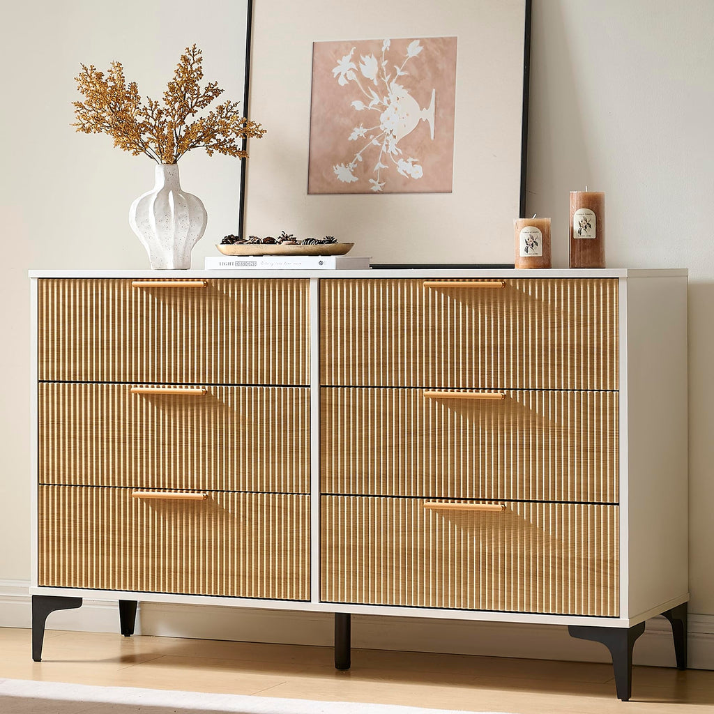 Fluted Dresser, Wide 6 Drawer Wood Dresser, White/Natural Oak