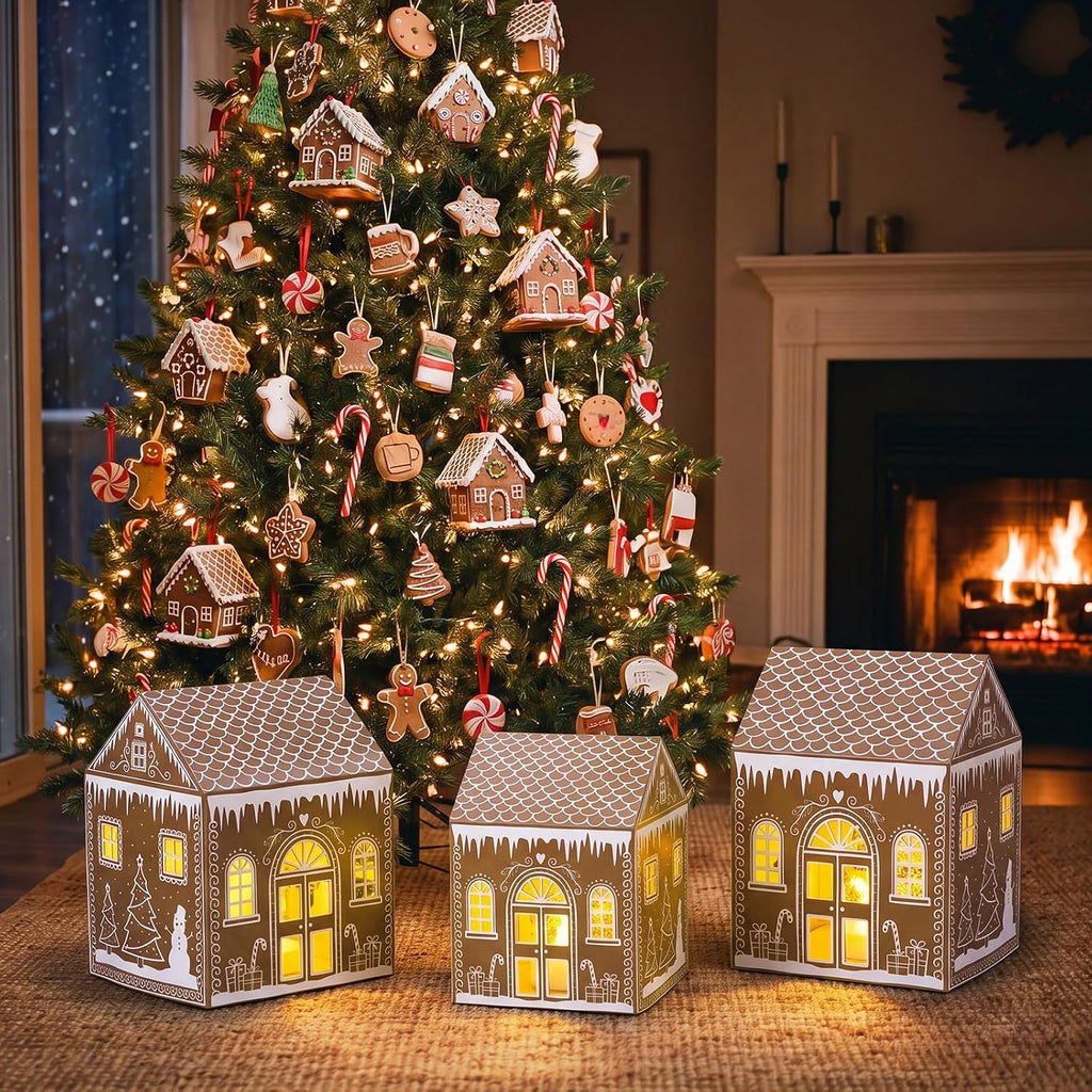3 Set Gingerbread House Lighted Gift Boxes for Christmas Gingerbread Village Boxes with 3 LED Lights Light Up Present