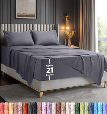 Queen Extra Deep Pocket Sheet Set - Fits Mattresses Up to 21 inches - Cooling, Soft & Breathable - Oeko-Tex 4 Piece