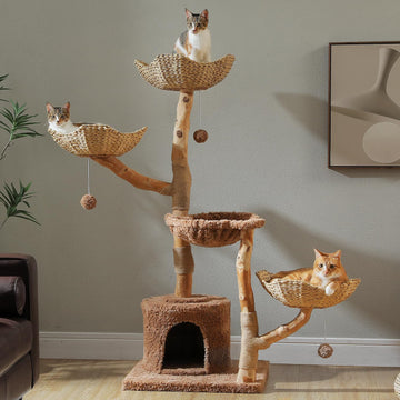 59" Modern Cat Tree for Large Cats, 3 Wicker Baskets & Condo, Brown