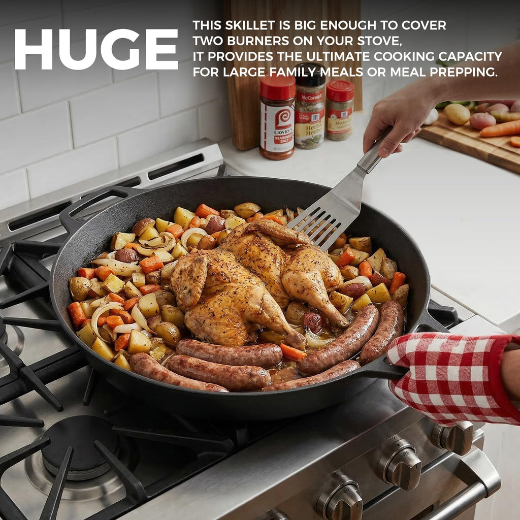 Pre-Seasoned Large Cast Iron Skillet 17 Inch, Dual Handle Outdoor Camping Frying Pan, Pizza Pan, Use for Grill