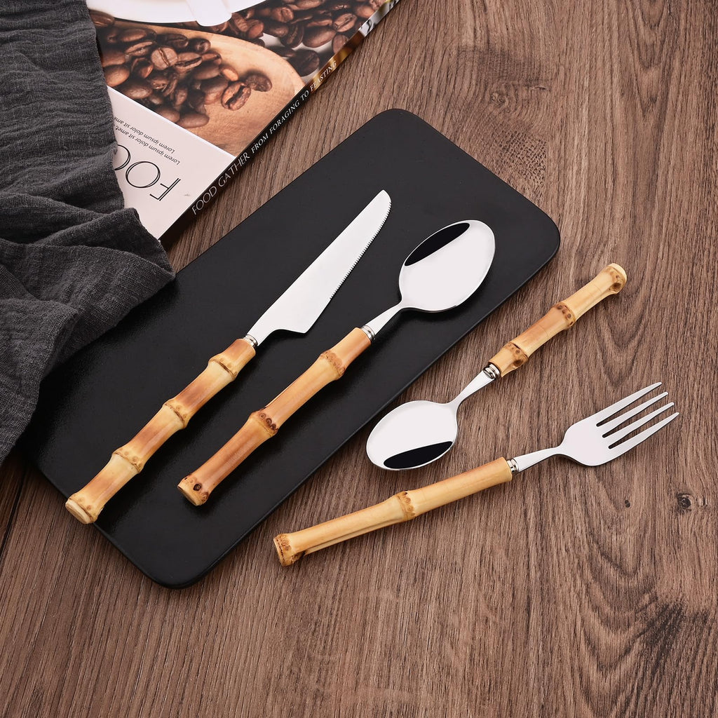 Bamboo Handle Silverware Set, 24-Piece Flatware Set for 6, Stainless Steel Cutlery Eating Utensils Include Forks
