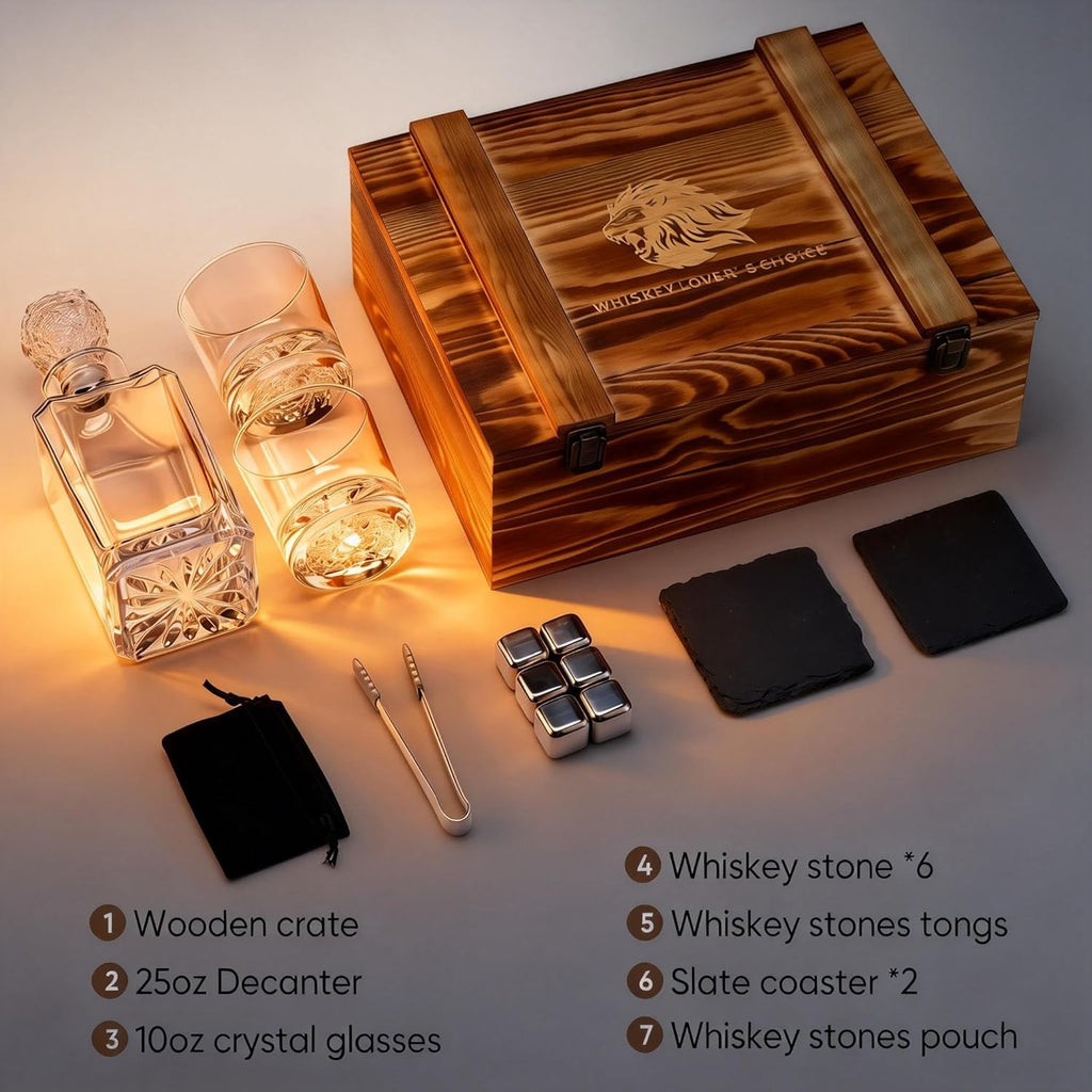 Lion Head 14-Piece Crystal Whiskey Decanter Set - 750ml Lead-Free Hand-Blown, 2 Glasses, 6 Stainless Stones, Coasters - Set of 14