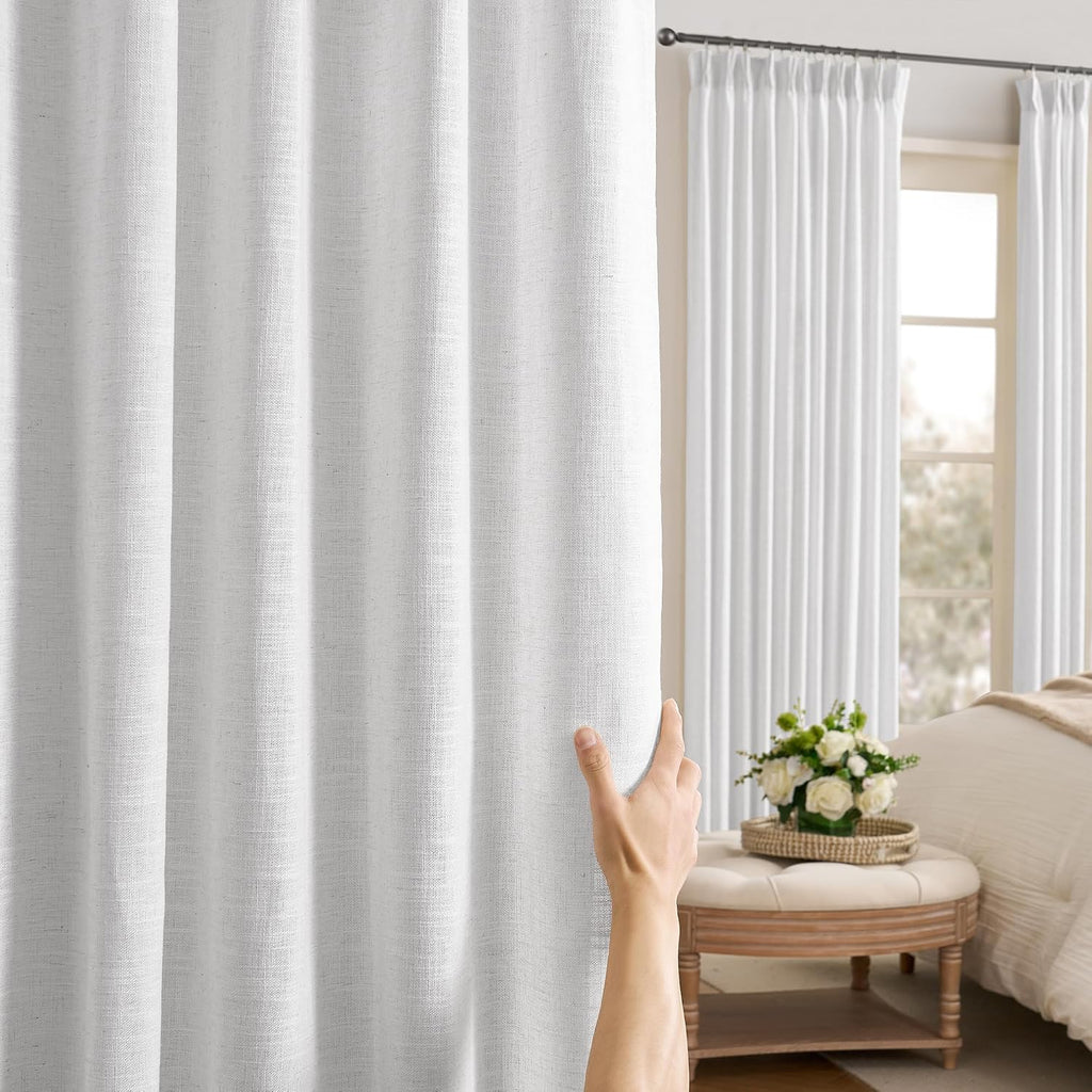 White Pleated Semi Sheer Drapes 50 x 92 Inch Length, Memory Shape Linen Textured Light Filtering Boho Neutral Back