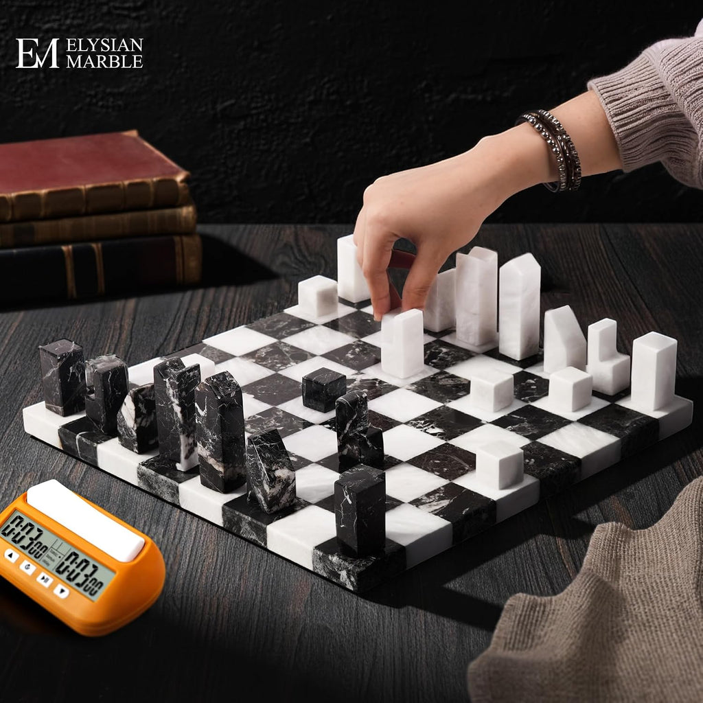 Modern Chess Set - Handcrafted Borderless Marble Chess Board with Minimalist Geometric Pieces, Luxury Decorative