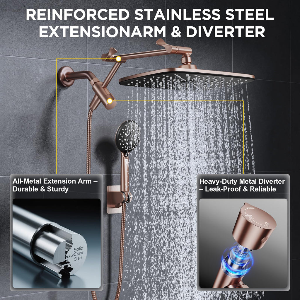 Rose Gold 11.8" High Pressure Shower Head with Handheld, Easy Install
