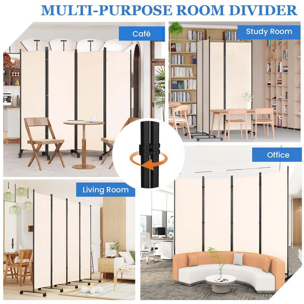 Room Divider Privacy Screens, 8 Panels Dividers with Wheels, Beige