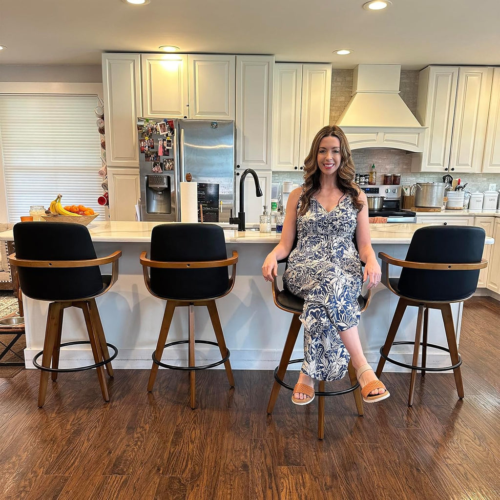 Set of 2 Bar Height Bar Stools - 29.12 inch Swivel Bar Stools with Curved Back and Arms, Walnut Craftsmanship