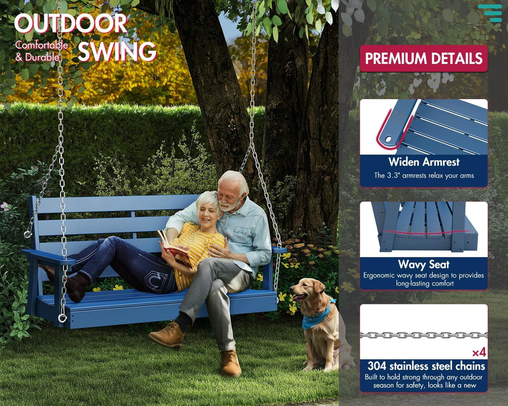 Porch Swing Bench | HDPE | 51.5" | Hanging Outdoor Swings | 2 Person | All Weather | Outside Backyard | Included 4