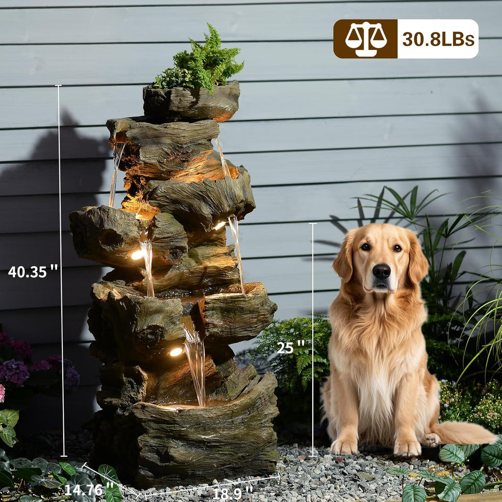 40" H Outdoor Water Fountain with 5 Tiers Large Cascading Realistic Tree Trunk Waterfall Fountains with LED Lights