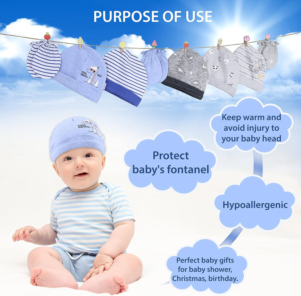 Organic Cotton Baby Mittens and Caps Set - Mittens for Newborn - Ultra Soft, No Scratch - 5 Caps x 3