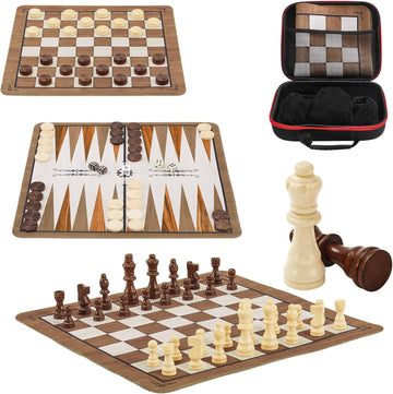 15" 3-in-1 Foldable Travel Chess Set Roll-Up Board with Checkers Backgammon