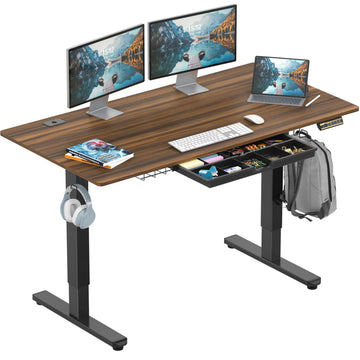 55 x 28 Electric Height Adjustable Standing Desk w/Drawer, Walnut