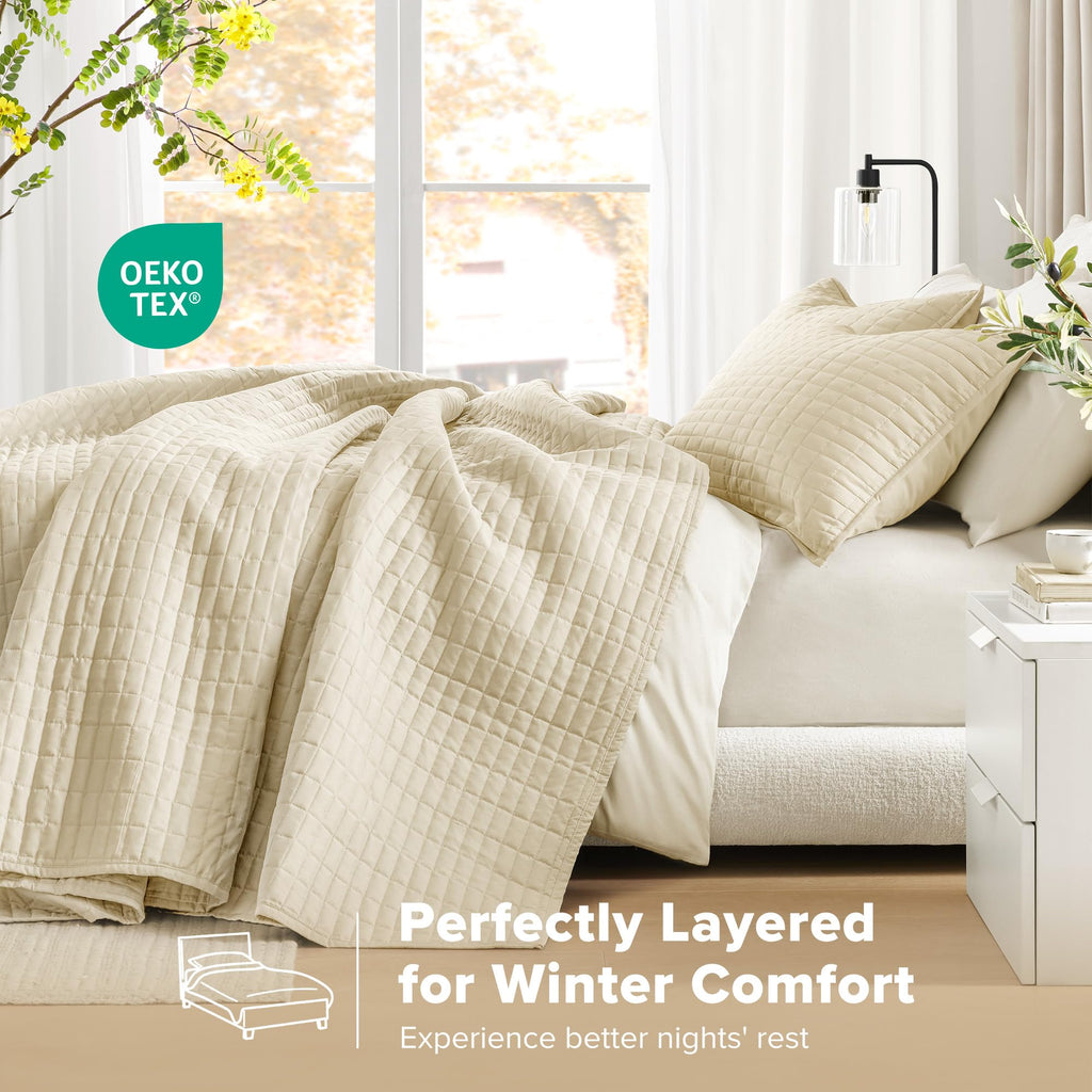 Oversized Bedspread Queen Quilt Set 3 Piece 102x 118 Ivory