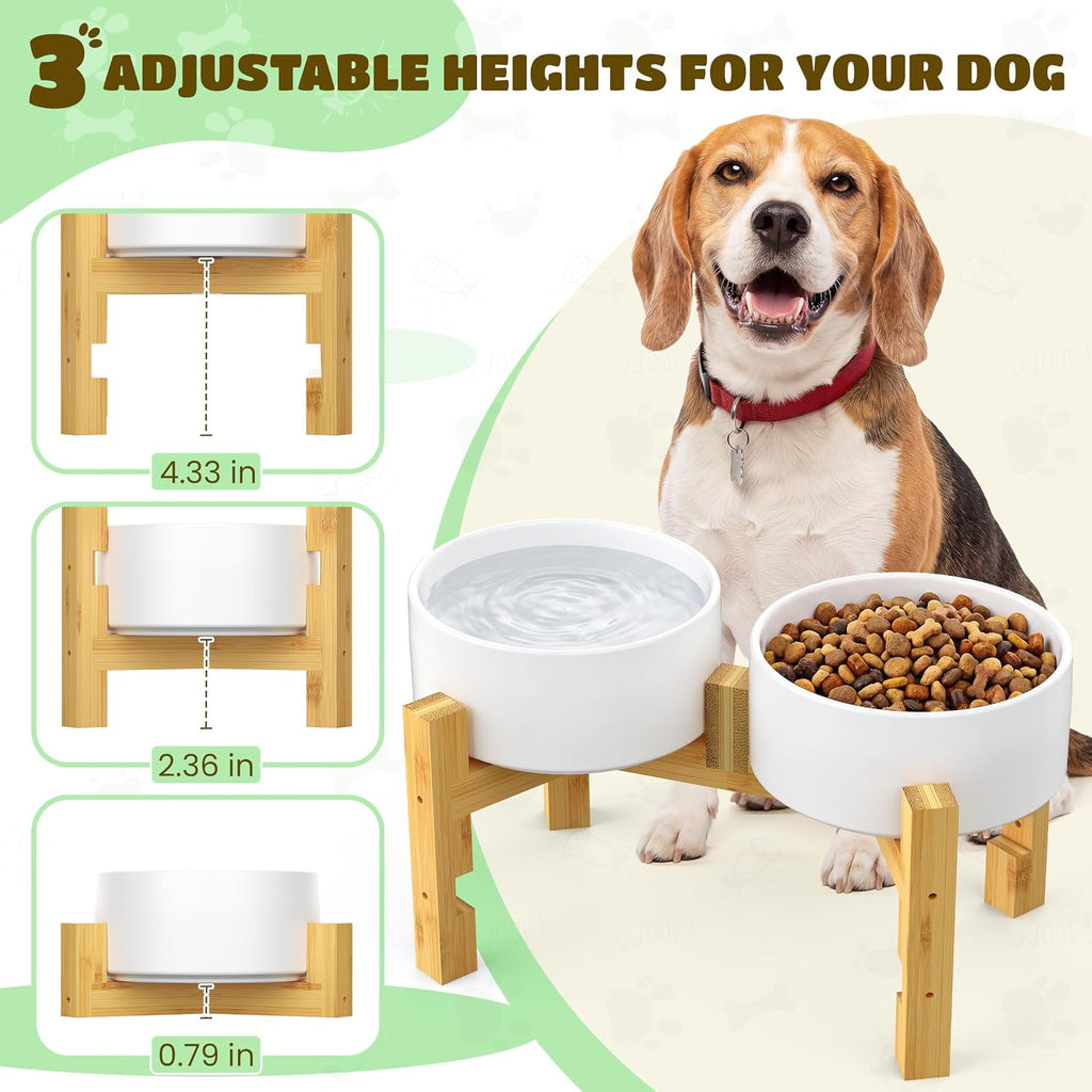 Elevated Dog Bowls with Adjustable Bamboo Stand, Ceramic Dog Food and Water Bowl Set, Raised Dog Bowl for Small &