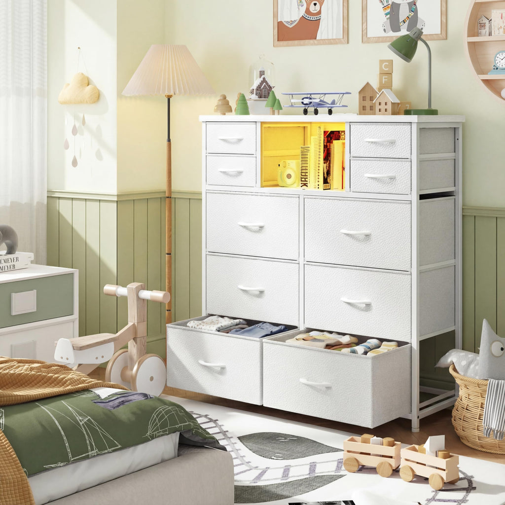 White Dresser with Charging Station & LED, 10 Drawers