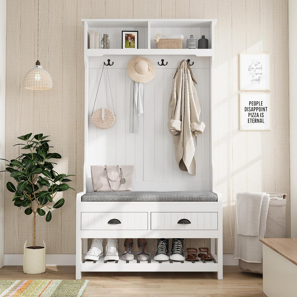 Hall Tree with Bench and Shoe Storage, Multi-Purpose Entryway Bench with Coat Rack, Padded Seat Cushion, 4 Double