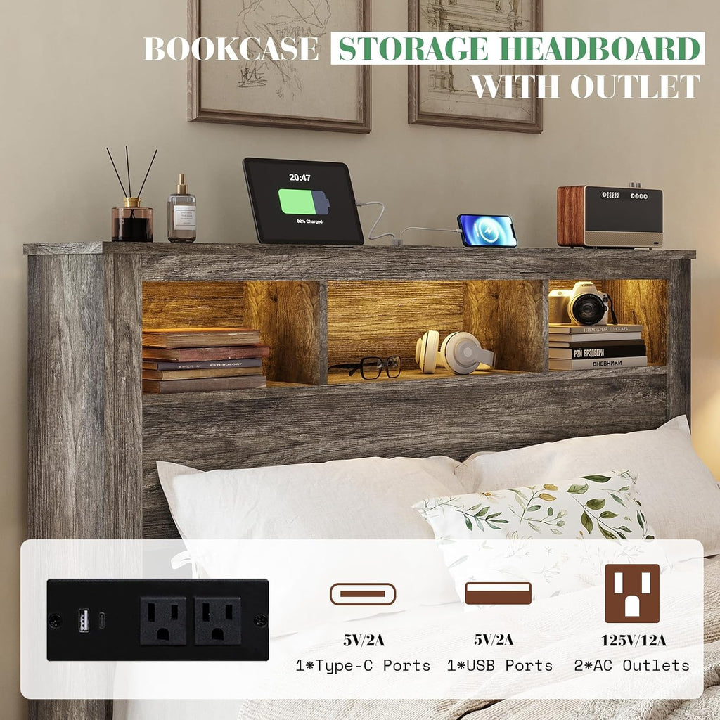 King Bed Frame with 47.2" Bookcase Storage Headboard & Footboard, Farmhouse Wooden Platform Bed with LED Light &