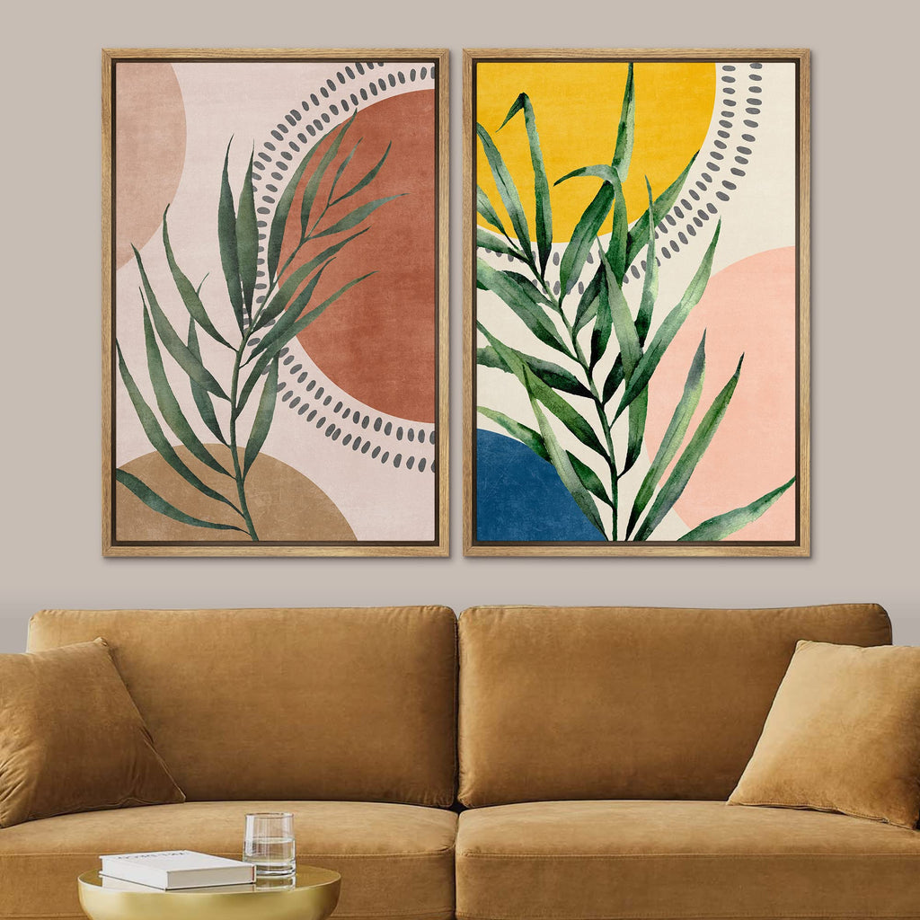 Framed Canvas Print Wall Art Set Geometric Mid-Century Circle Plants Abstract Shapes Illustrations Modern Art