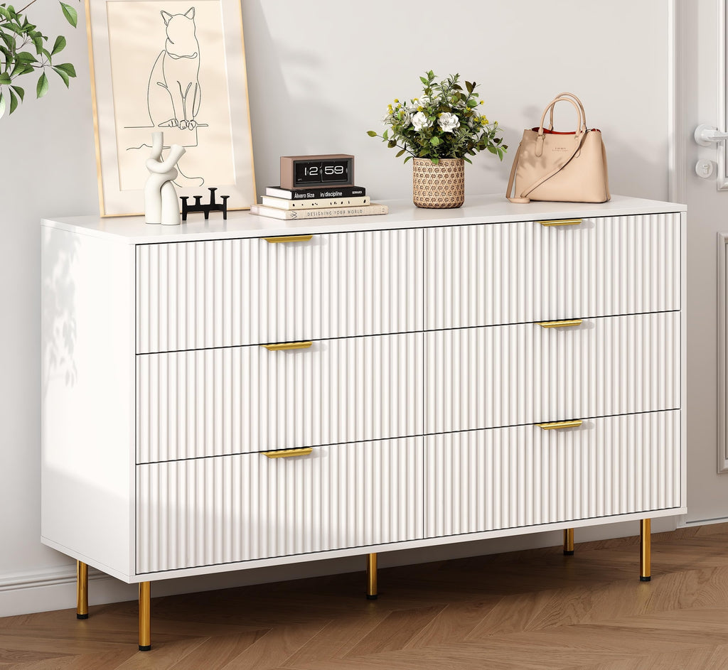 56" Wide Modern White Fluted 6 Drawers Dresser with Gold Handle