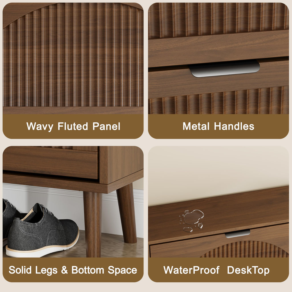 Fluted Shoe Cabinet with 3 Flip Drawers, Narrow Wood Shoe Storage Cabinet Slim Shoe Rack, Freestanding Shoe Cabinet